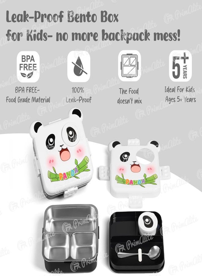 Primalite Kids Panda Theme Stainless Steel Bento Lunch Box for School, 3-Compartment, Sauce Jar & a Spoon, Leak-Proof with Seal Ring Design & Multiple Lock-Design Tiffin, Air-Tight- 1100ML- White - Image 5